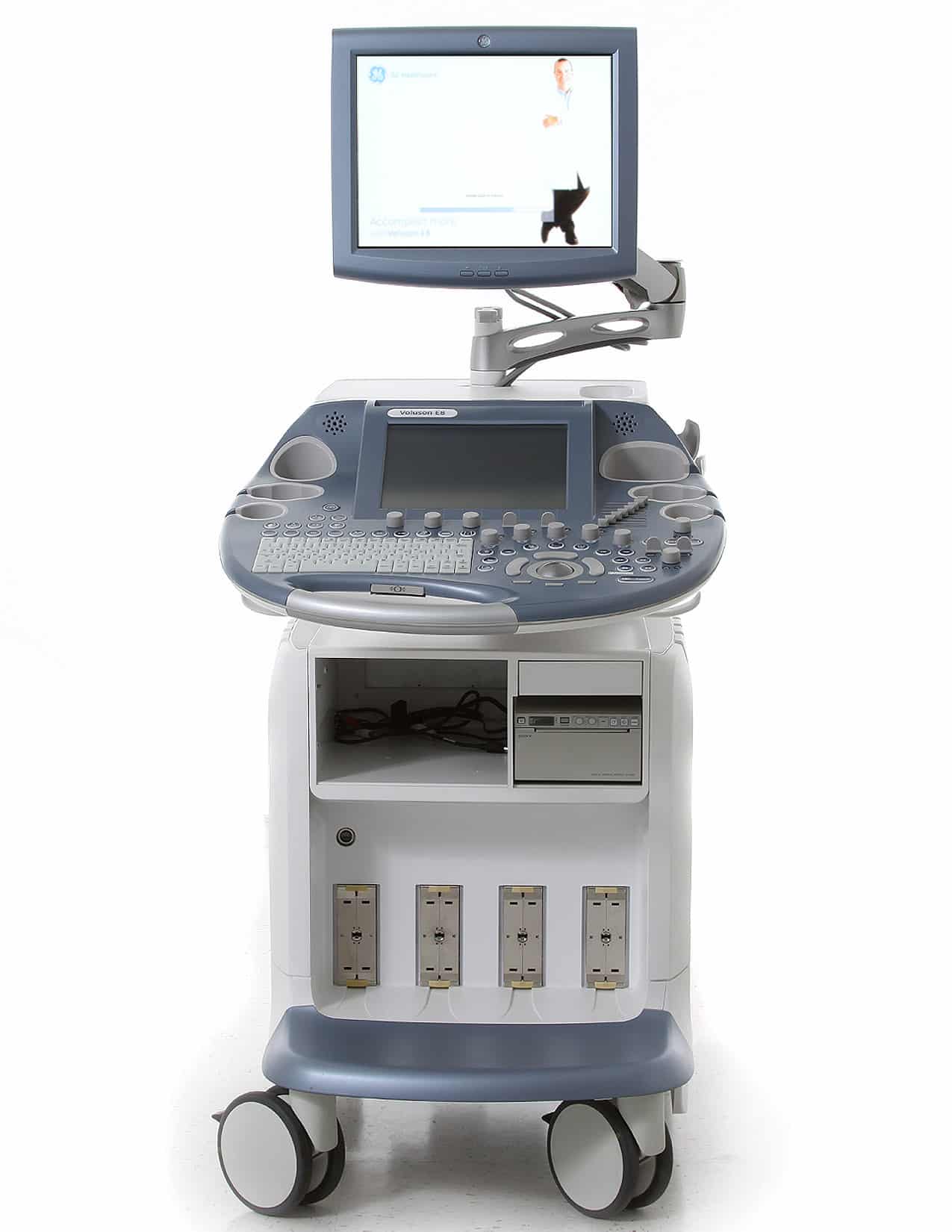 Refurbished Voluson E8 Front View with startup screen