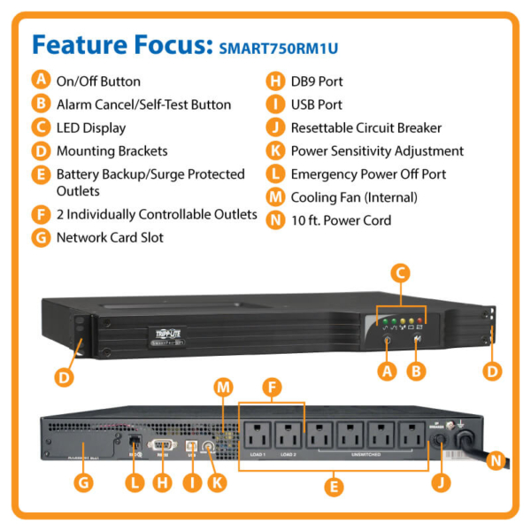 TRIPP LITE 750VA 600W UPS SMAR RACKMOUNT AVR 120V USB DB9